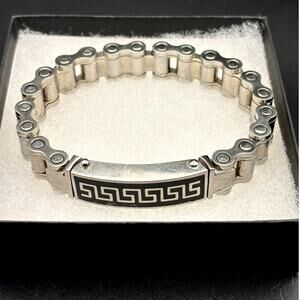 Mens Stainless Steel Chain Bracelet Black Onyx Inlay Greek Key New In Box